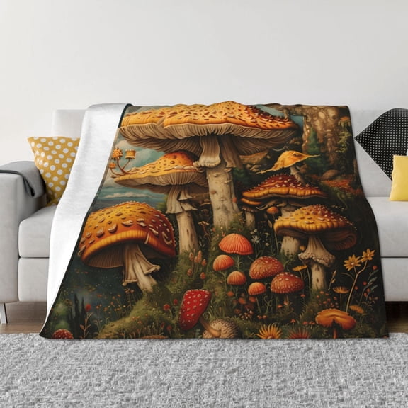 Vsdgher Vintage Cloud Mushroom Pattern Fleece Throw Blanket, Horizontal Fleece Bedding Home Decor for Couch & Bed All Season Use -50"x40"