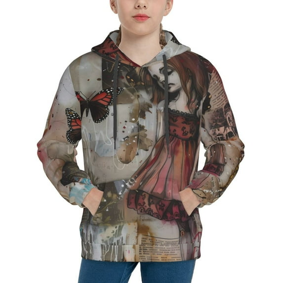 Vsdgher Vintage Collage Girl Butterfly Hoodie Youth Classic Hooded Pullover Sweatshirts Essentials Hoodie for Children (s-xl)-Medium