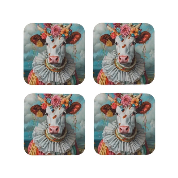 Vsdgher Vintage Colorful Floral Cow Leather Coasters for Drinks, Durable Drink Coasters 4 Set for Tabletop Protection, Luxurious Home Décor and Housewarming Gift ( {designName})Square