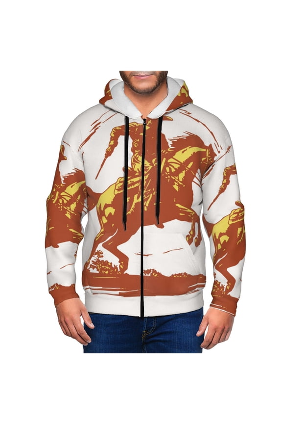 Vintage Cowboy On A Bronco Horse Mens Hoodies Zip Hoodie, Hoodies for Men, Zip-up Hooded Sweatshirt-