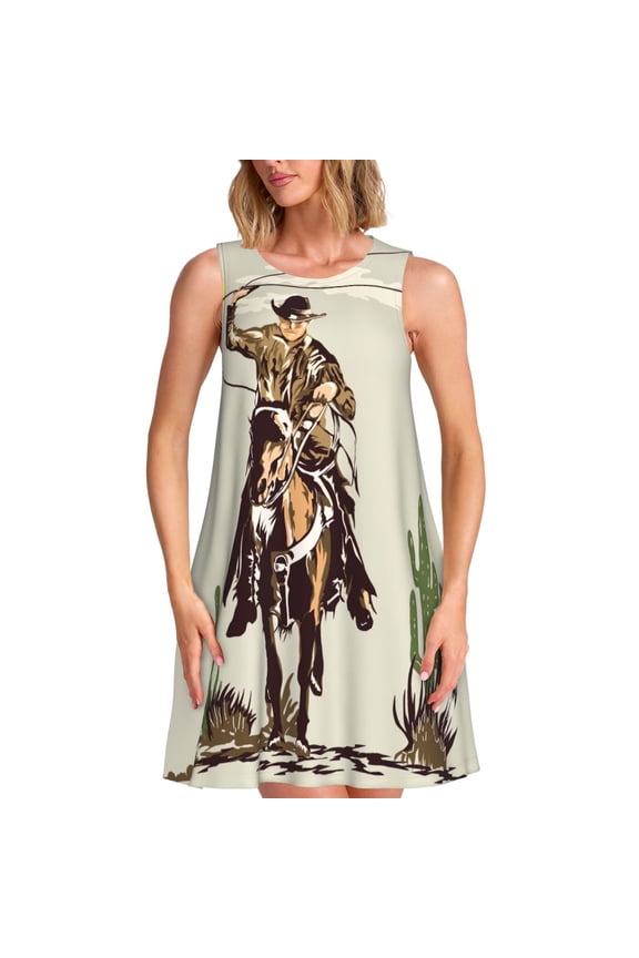 Vintage Cowboy Riding Horse Print Summer Dresses for Women Casual U Neck Beach Dress Sleeveless Tank Loose Sundress with Pocket -Small