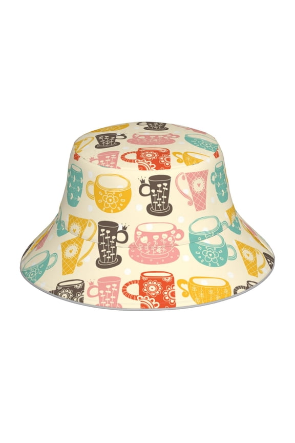 Vintage Cup Print Bucket Hat for Men&Women Bucket Hat Reversible Summer Double-Side-Wear Travel Gardening, Beach, Camping, Hiking, Fishing Cap