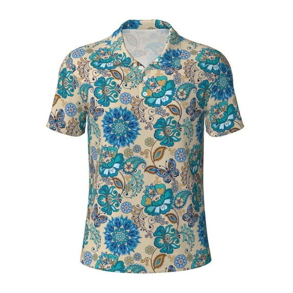 Vsdgher Vintage Floral Butterflies Print Men's Short Sleeve Stretch Polo Shirt, Moisture-Wicking Performance Polo Shirt