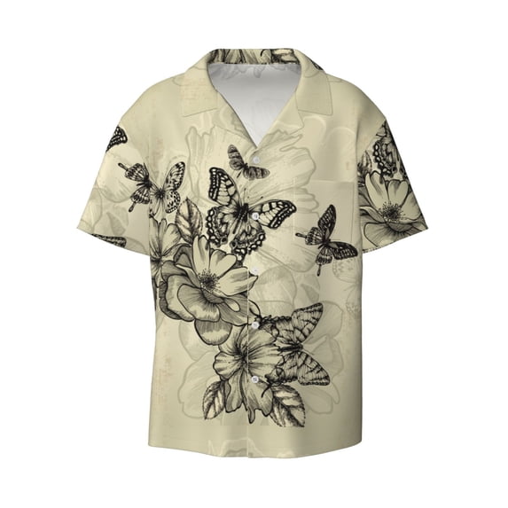 Vsdgher Vintage Floral Print Men's Wrinkle Free Untucked Cuban Shirt Business Casual Button Down Shirts Short Sleeve Shirt