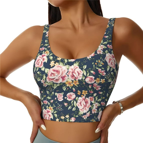 Vsdgher Vintage Floral Print Women Sleeveless Athletic Tank Top Built-in Bra Camisole Sports Vest for Yoga Running Fitness Exercise with Removable Pads