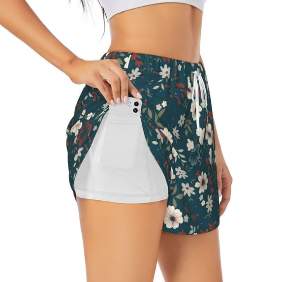 Vsdgher Vintage Floral Print Women's Running Double Layer Shorts High Waisted with Pockets Elastic Yoga Workout Athletic Gym Sports