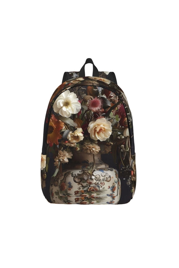 Vintage Floral Vase A Print Canvas Backpack Travel Rucksack Unisex Knapsack 15.7/17.7Inch Laptop Backpack for Work,College -Medium