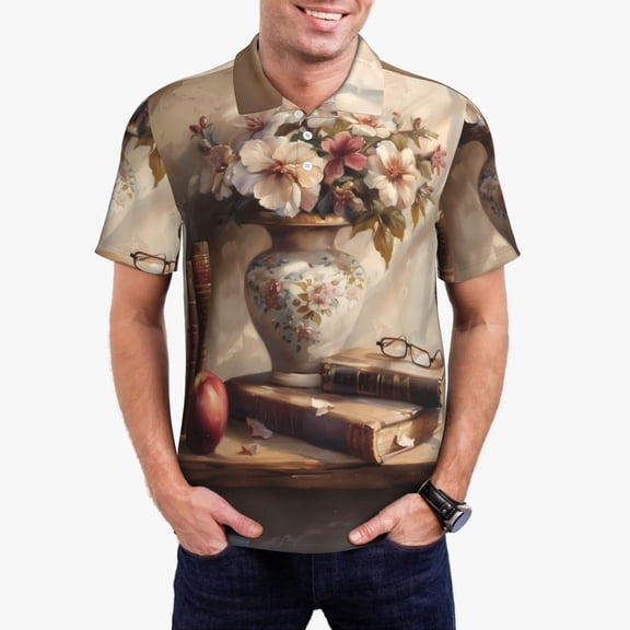 Vsdgher Vintage Floral Vase With Books Polo Shirts for Men, Men's Short Sleeve Stretch Polo Shirt, Shirts for Men-X-Large