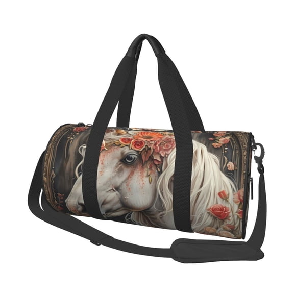 Vsdgher Vintage Floral White Horse 45L Foldable Duffel Bag, Sports Gym Bag,Overnight Bag, Portable Weekender Bag for Airplanes