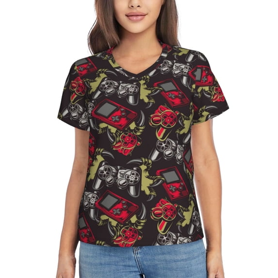 Vsdgher Vintage Gaming Women Shirts V Neck Short Sleeve Tops T-Shirt Basic Tees, S to 3XLLarge