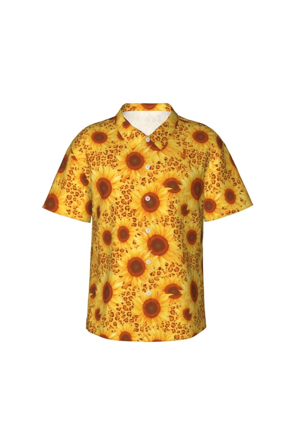 Vintage Leopard Print Sunflower Print Men's Hawaiian Shirts Button Down Tropical Holiday Beach Shirts Vacation Clothes,Medium