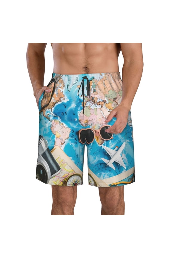 Vintage Map Travel Essentials Men's Beach Shorts, Surfing shorts, Swim trunks, Quick Dry Swim Trunks for Surfing Beach Fun -Small