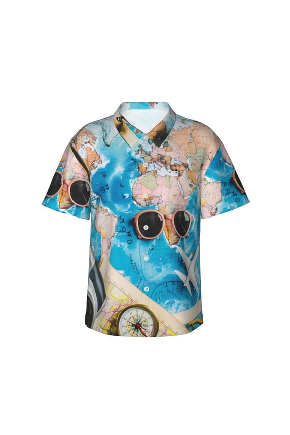 Vintage Map Travel Essentials Print Men's Hawaiian Shirts Button Down Tropical Holiday Beach Shirts Vacation Clothes,Large