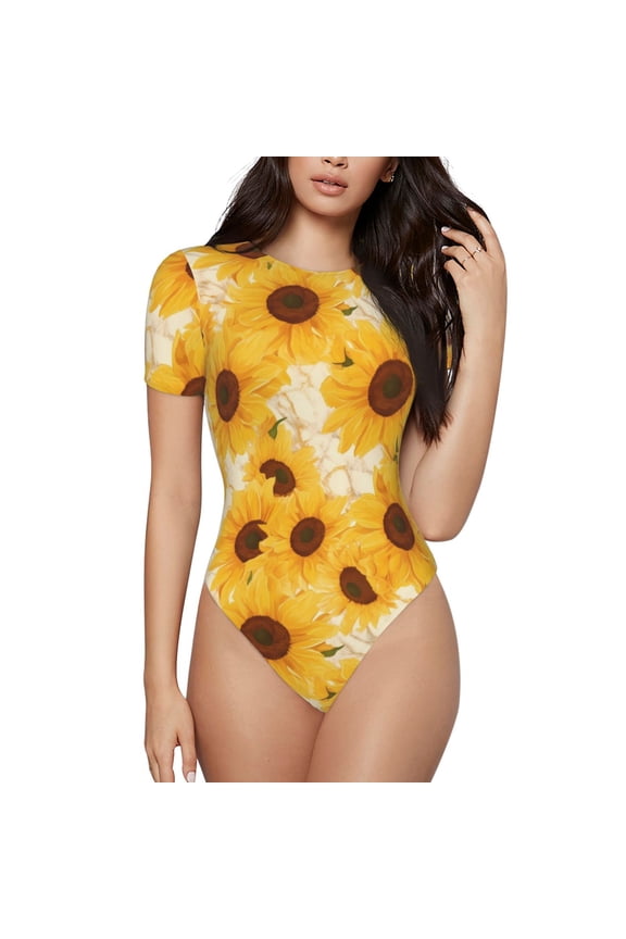Vintage Marble Pattern Sunflower Prinr Short Sleeve Body suit for Womens, Sexy Onesie One Piece Round Neck Bodysuit Shapewear Tummy Control-Medium