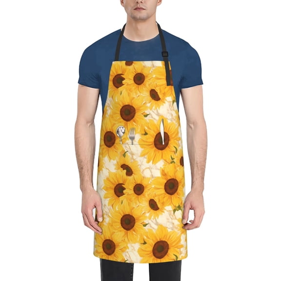 Vsdgher Vintage Marble Pattern Sunflower Waterproof Apron with 2 Pockets Kitchen Chef Aprons Bibs for Grooming Cooking Baking Painting Gardening