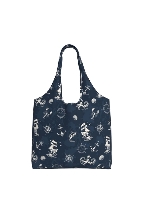Vintage Marine Print canvas Tote Bag, Lightweight Cloth Bags, Suitable for shopping, groceries, travel