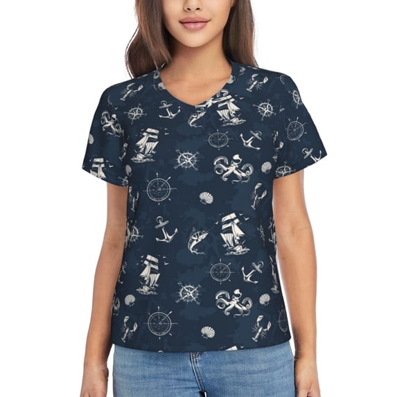 Vsdgher Vintage Marine Women Shirts V Neck Short Sleeve Tops T-Shirt Basic Tees, S to 3XLLarge