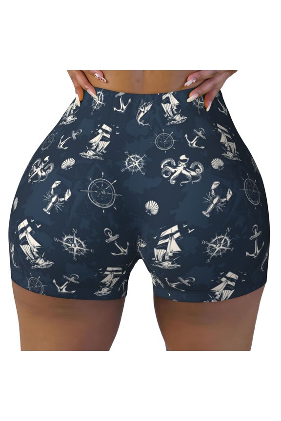 Vintage Marine print Workout Shorts for Women Seamless Soft Smooth Gym Yoga Scrunch Active Exercise Fitness Shorts