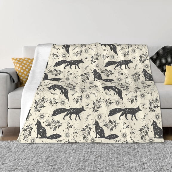 Vsdgher Vintage Moon Fox Pattern Fleece Throw Blanket, Horizontal Fleece Bedding Home Decor for Couch & Bed All Season Use -60"x50"