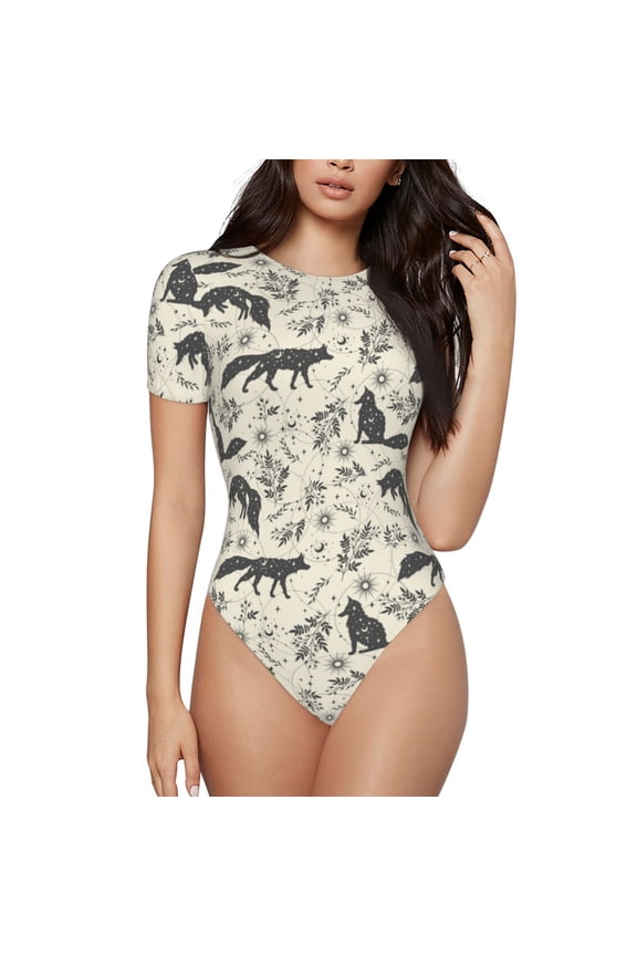 Vintage Moon Fox Prinr Short Sleeve Body suit for Womens, Sexy Onesie One Piece Round Neck Bodysuit Shapewear Tummy Control-XX-Large