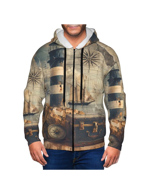 Vintage Nautical Lighthouse Mens Hoodies Zip Hoodie, Hoodies for Men, Zip-up Hooded Sweatshirt-Small