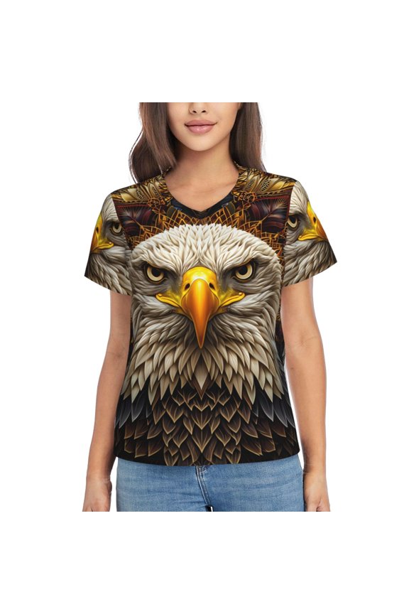 Vintage Pattern Bald Eagle Women Shirts V Neck Short Sleeve Tops T-Shirt Basic Tees, S to 3XLX-Large