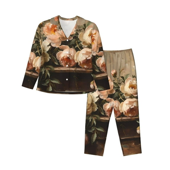 Vsdgher Vintage Peonies Rustic Charm Pajamas Set Long Sleeve Sleepwear Womens Button Down Nightwear Pj Sets-X-Large