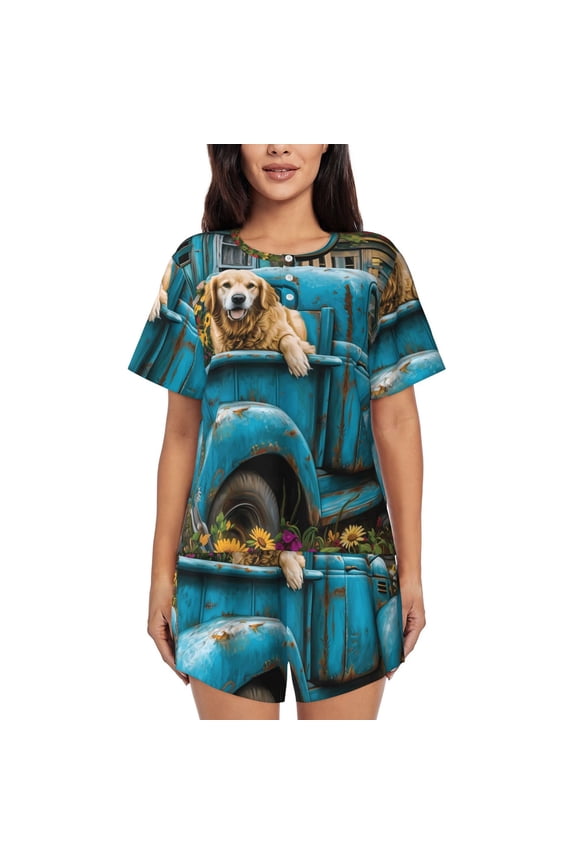 Vintage Pickup Sunflower Dog Pattern Womens Pajamas 2 Piece Short Sleeve Sleepwear Set,Summer Soft Pajamas Set Casual Lounge Sets, 2-Piece Pj -XX-Large
