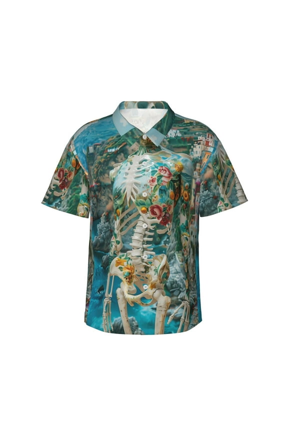 Vintage Print Island Skull Print Men's Hawaiian Shirts Button Down Tropical Holiday Beach Shirts Vacation Clothes,Small