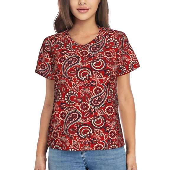Vsdgher Vintage Red Paisley Women Shirts V Neck Short Sleeve Tops T-Shirt Basic Tees, S to 3XLSmall