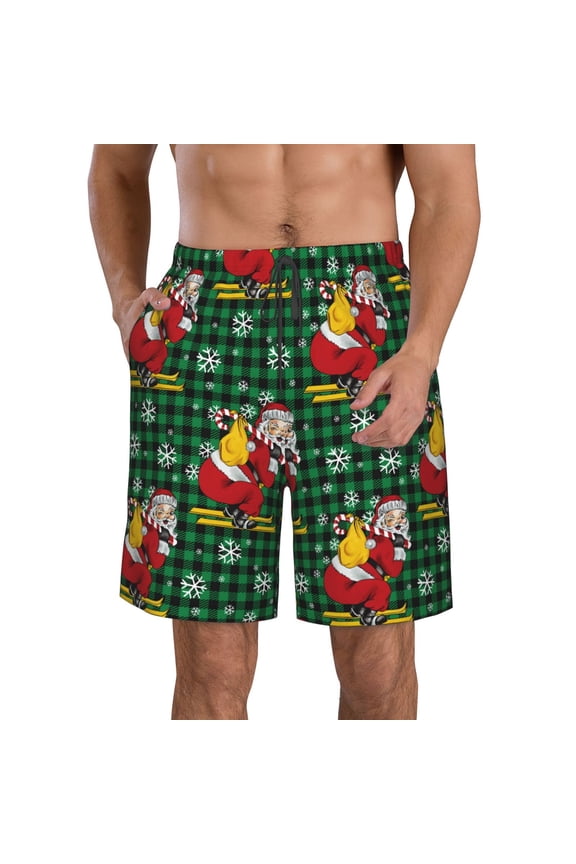 Vintage Santa Skiing Green Plaid Men's Beach Shorts, Surfing shorts, Swim trunks, Quick Dry Swim Trunks for Surfing Beach Fun -Large