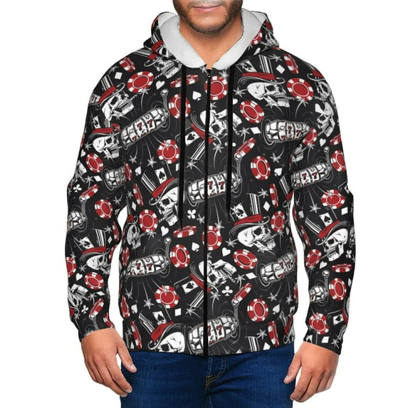 Vsdgher Vintage Skull Casino Mens Hoodies Zip Hoodie, Hoodies for Men, Zip-up Hooded Sweatshirt-3X-Large