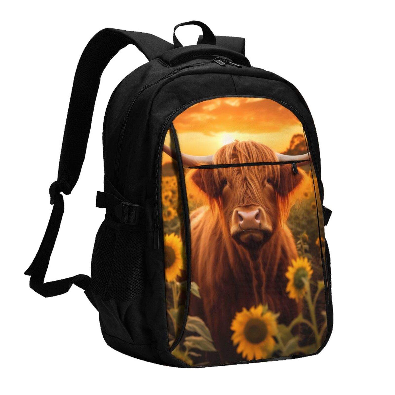 Vsdgher Vintage Sunflower Cow B Print Travel Laptop Backpack, Laptops Backpack with USB Charging Port, Water Resistant Computer Bag Gift for Men & Women