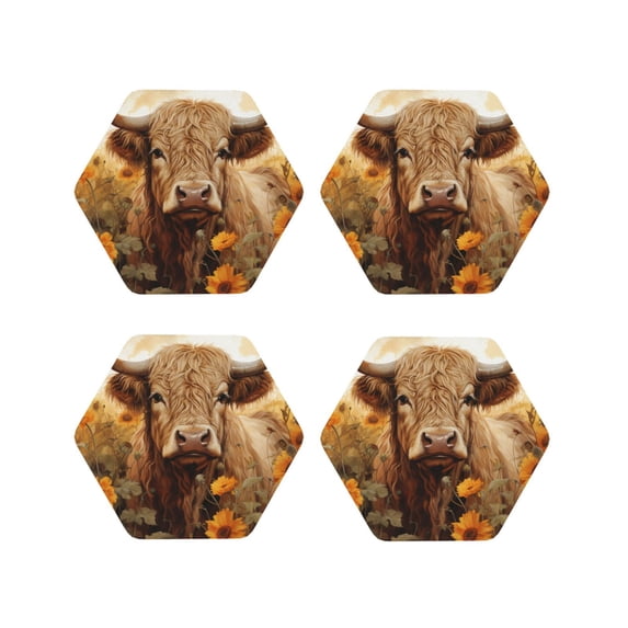 Vsdgher Vintage Sunflower Cow Leather Coasters for Drinks, Durable Drink Coasters 4 Set for Tabletop Protection, Luxurious Home Décor and Housewarming Gift ( {designName})Hexagon
