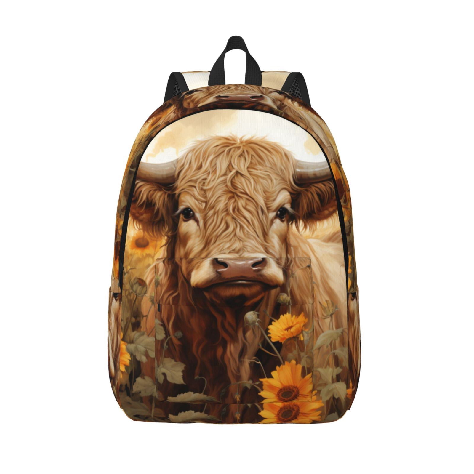 Vsdgher Vintage Sunflower Cow Print Canvas Backpack Travel Rucksack Unisex Knapsack 15.7/17.7Inch Laptop Backpack for Work,College -Small