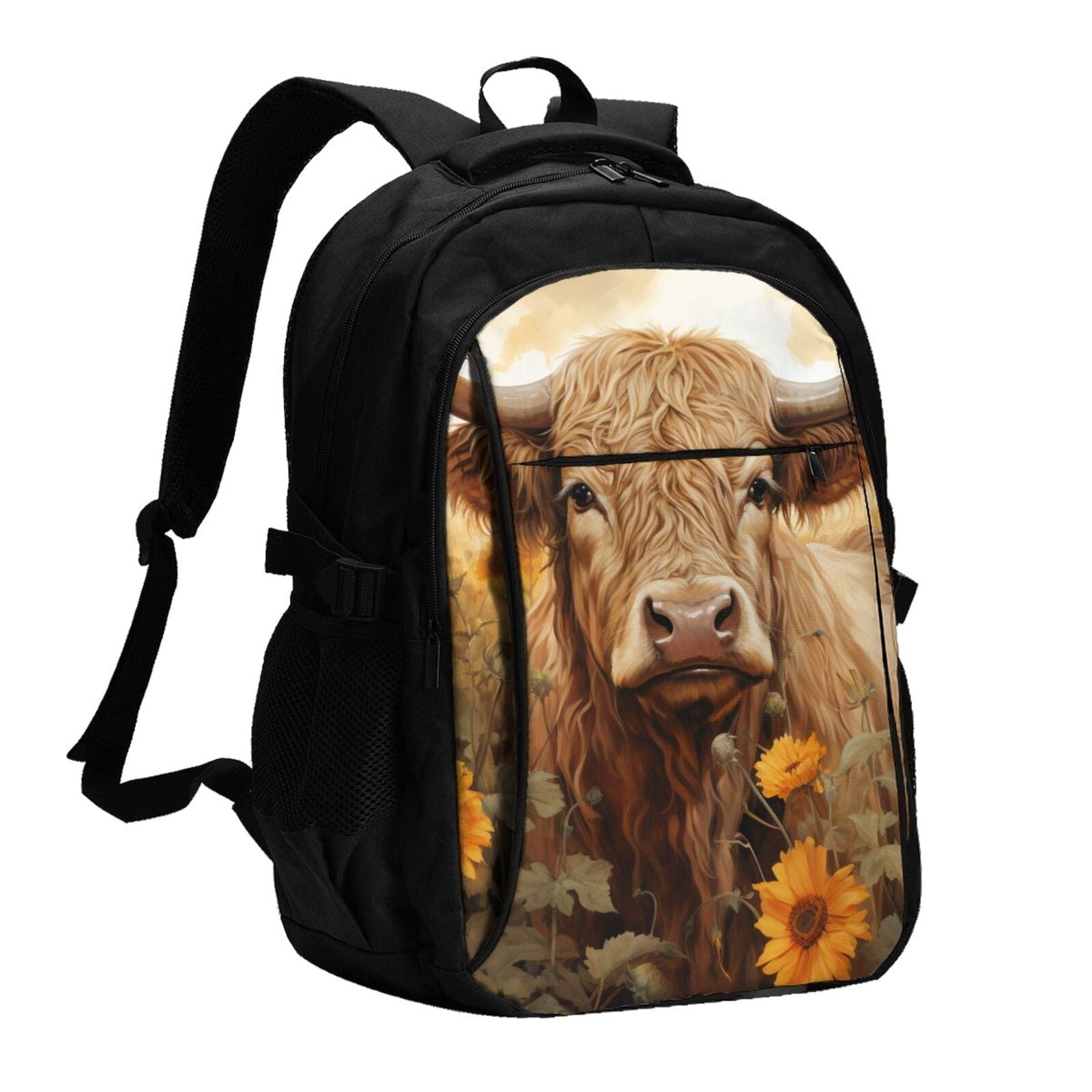 Vsdgher Vintage Sunflower Cow Print Travel Laptop Backpack, Laptops Backpack with USB Charging Port, Water Resistant Computer Bag Gift for Men & Women