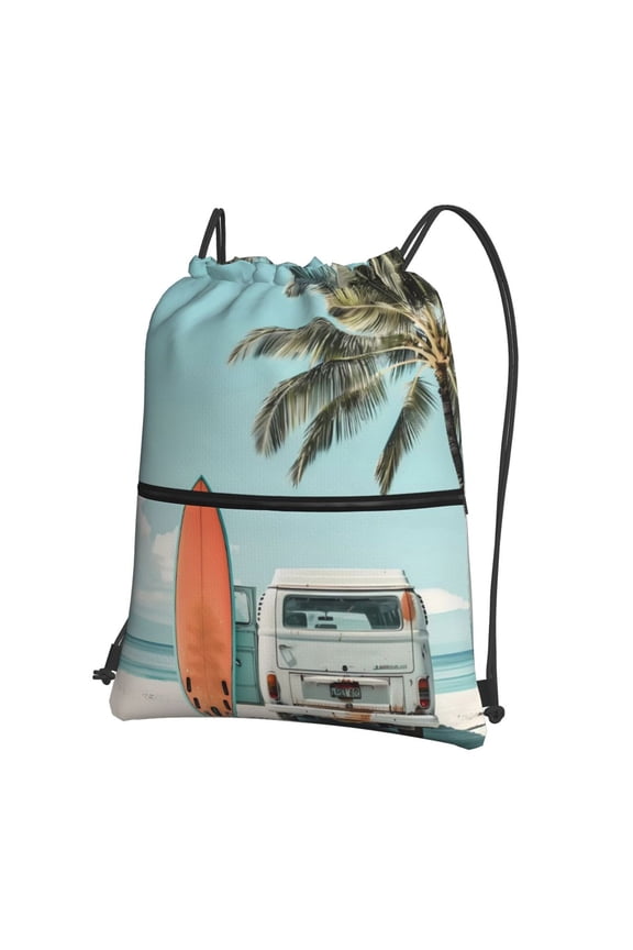Vintage Surf Van Beach Drawstring Backpack Water Resistant String Bag Sports Sackpack Gym Sack for Men Women