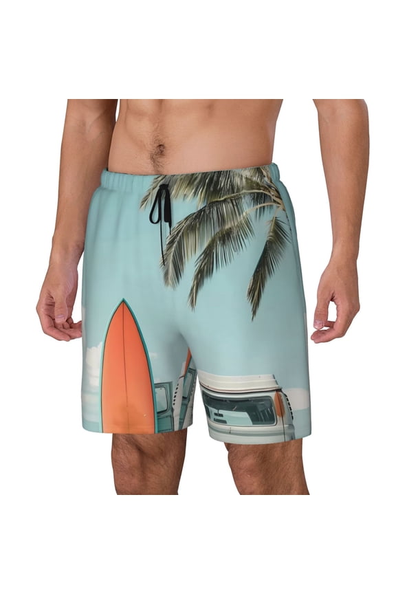 Vintage Surf Van Beach for Mens Swim Trunks with Compression Liner Swim Shorts Swim Suits Board Shorts-Small