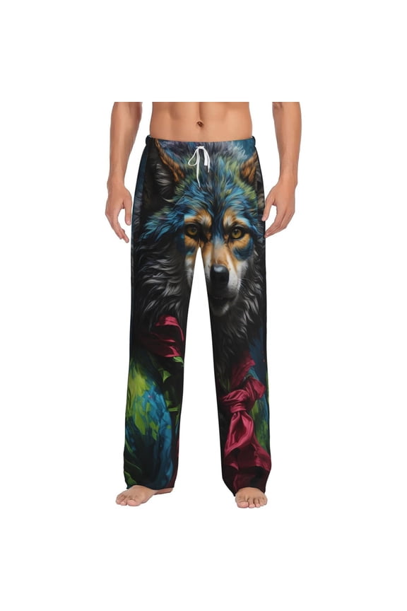 Vintage Wolf Warrior Print Mens Pajama Pants Sleep & Lounge Pants, PJ Bottoms With elastic waistb and Pockets