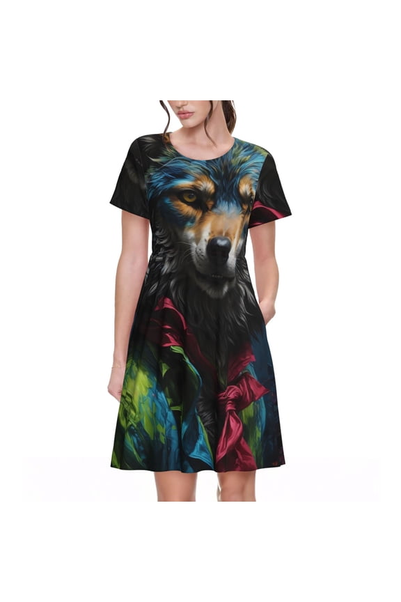Vintage Wolf Warrior for Womens Summer 2025 Casual Midi Maxi Dresses Lightweight Short Sleeve Round Neck Beach Dress -3X-Large