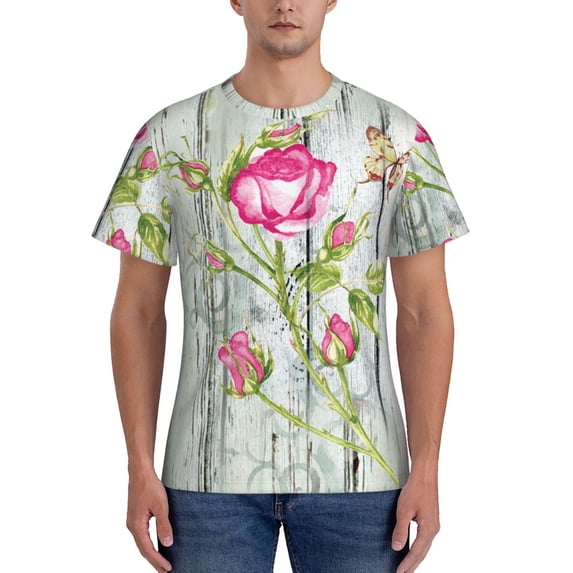Vsdgher Vintage Wood Background with Floral Print Men's Dry Fit Mesh Athletic Shirts Moisture Wicking Tennis T-Shirt Tops