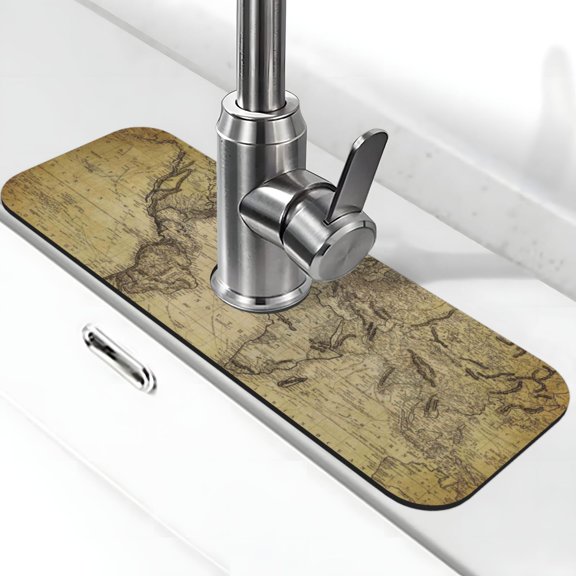 Vsdgher Vintage World Map Kitchen Sink Splash Guard Faucet Mat -1 PC Super Absorbent Fast Drying Mat Sink Gadgets-Splash, Bathroom,Sink Mat,(15" X 5.5" )