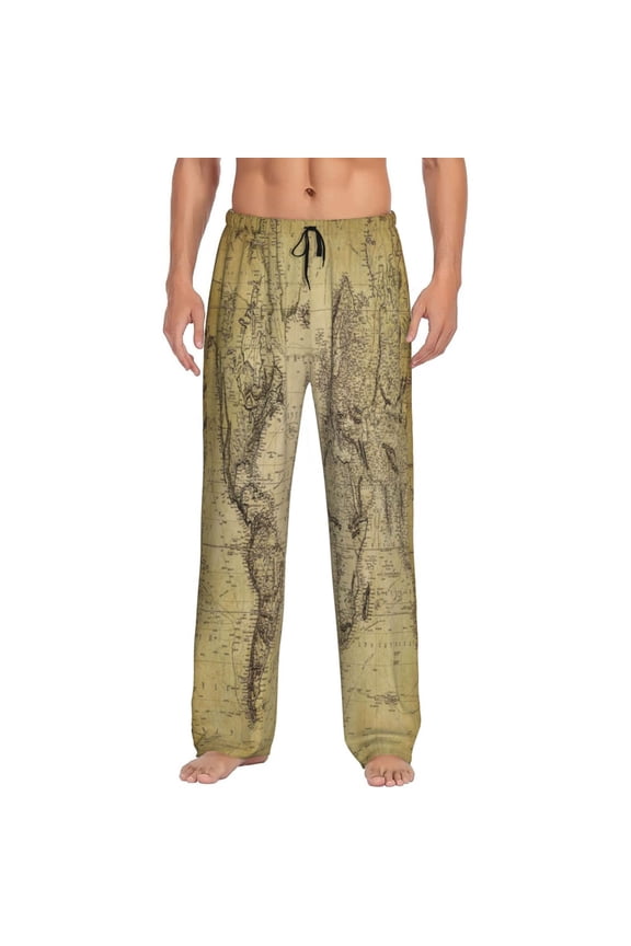 Vintage World Map Print Mens Pajama Pants Sleep & Lounge Pants, PJ Bottoms With elastic waistb and Pockets