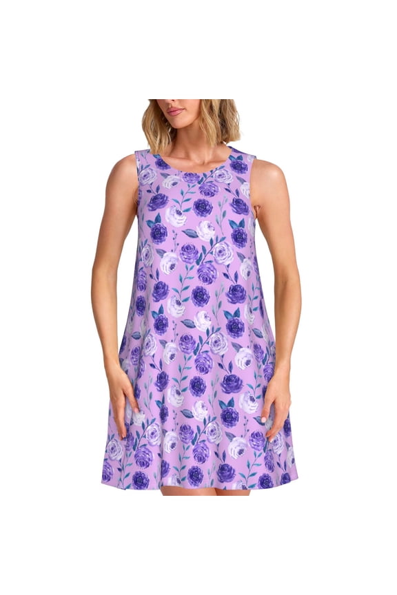 Violet Print Summer Dresses for Women Casual U Neck Beach Dress Sleeveless Tank Loose Sundress with Pocket -Medium