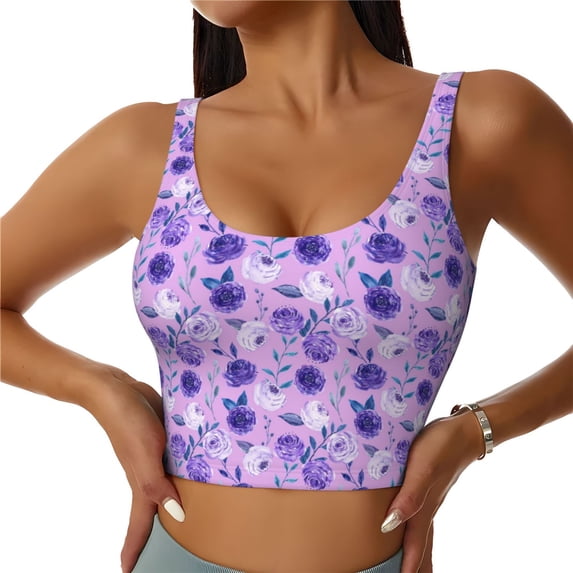 Vsdgher Violet Print Women Sleeveless Athletic Tank Top Built-in Bra Camisole Sports Vest for Yoga Running Fitness Exercise with Removable Pads
