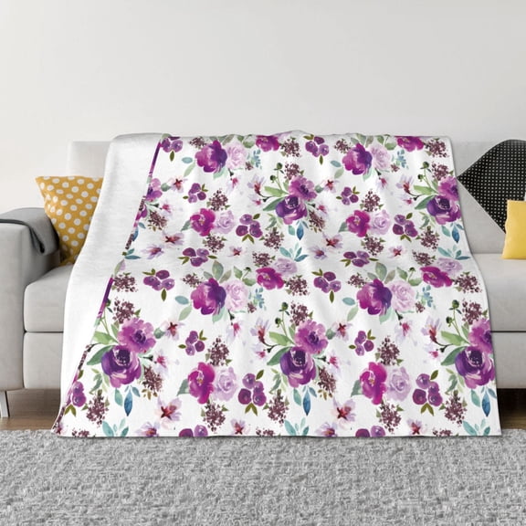 Vsdgher Violets Flowers Pattern Fleece Throw Blanket, Horizontal Fleece Bedding Home Decor for Couch & Bed All Season Use -80"x60"