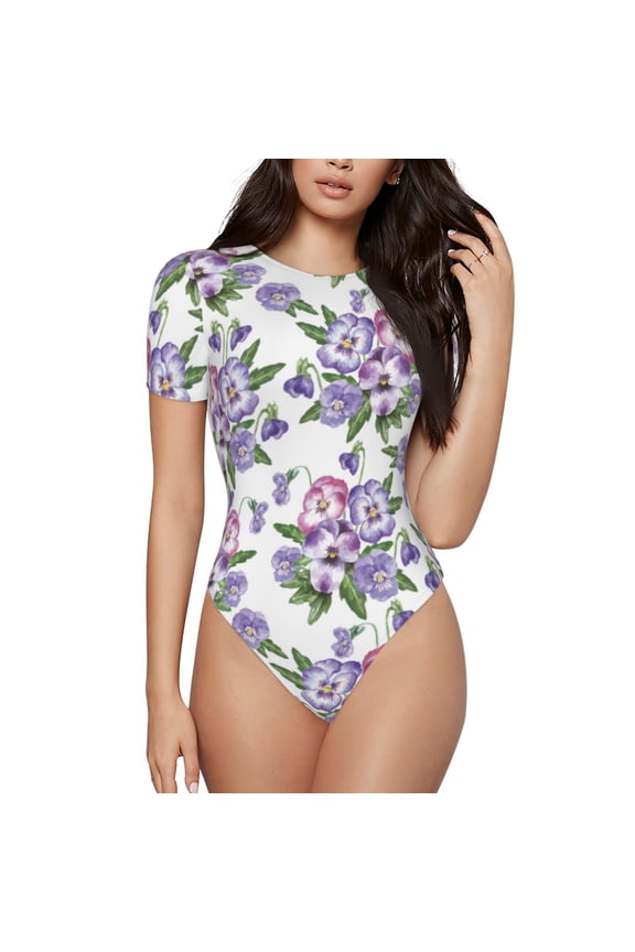Violets Flowers Prinr Short Sleeve Body suit for Womens, Sexy Onesie One Piece Round Neck Bodysuit Shapewear Tummy Control-XX-Large