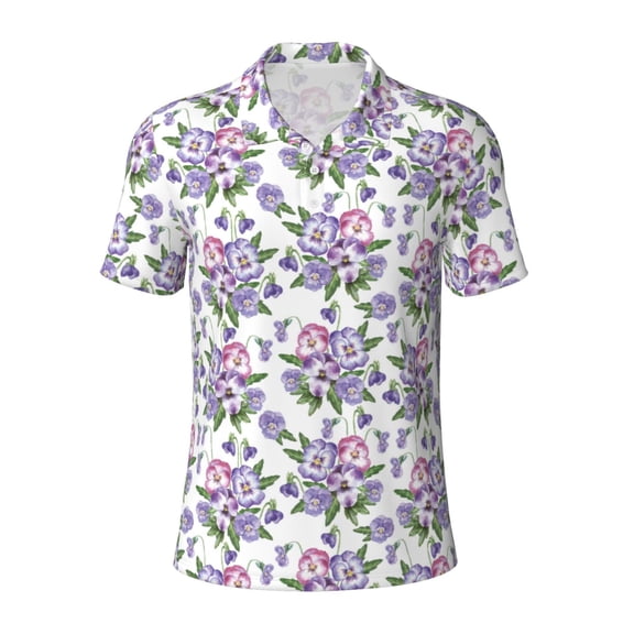 Vsdgher Violets Flowers Print Men's Short Sleeve Stretch Polo Shirt, Moisture-Wicking Performance Polo Shirt