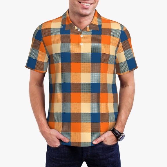 Vsdgher Warm Orange Plaid Polo Shirts for Men, Men's Short Sleeve Stretch Polo Shirt, Shirts for Men-Small