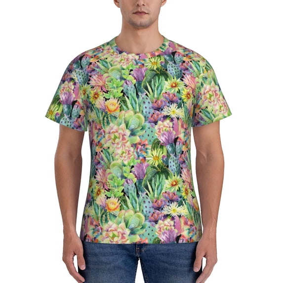 Vsdgher Watercolor Blooming Cactus Print Men's Dry Fit Mesh Athletic Shirts Moisture Wicking Tennis T-Shirt Tops